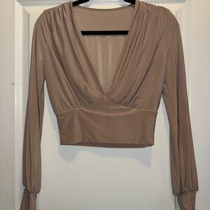 SHEIN Tan Crop Blouse with Plunge V-Neck and Long Sleeves